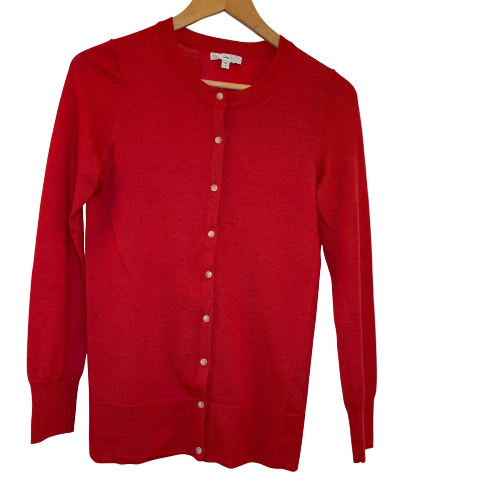 Gap 100% Wool Size S Red Crew Neck Button Front Cardigan Sweater Women - Picture 2 of 7
